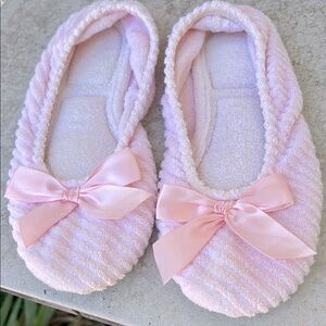 Pink Striped Terrycloth Ballet Slipper Socks with Bows - Padded Cushion - Lounge